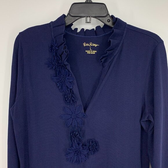 Lilly Pulitzer Dress Clary Polo Blue Long Sleeve V Neck Embroidered - Picture 4 of 10
